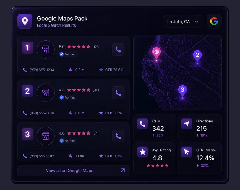 SEO agency local search dashboard showing Google Maps rankings, business profile visibility calls directions and CTR performance